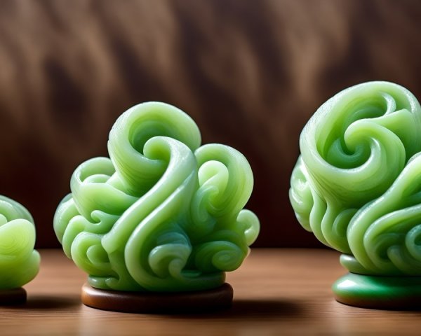 Three Intricately Carved Jade Sculptures Displayed