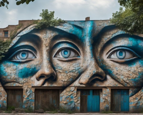 Mural of Faces Merging with Urban Landscape and Nature