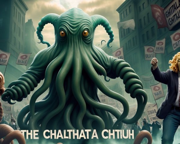 Tentacled Creature Overlooks City Square with Figures