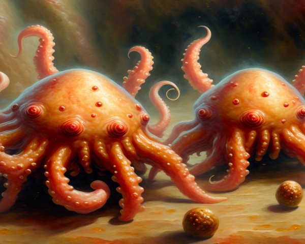 Whimsical Cartoonish Octopus Creatures on Ocean Floor