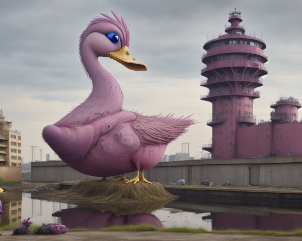 Giant Pink Duck in Surreal Industrial Landscape