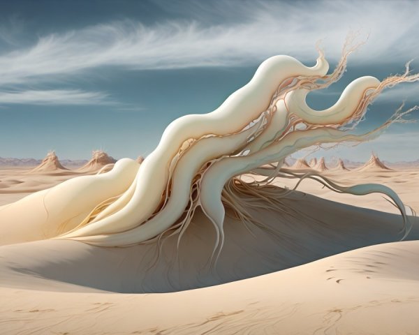 Surreal Landscape with Abstract Sculpture and Dunes