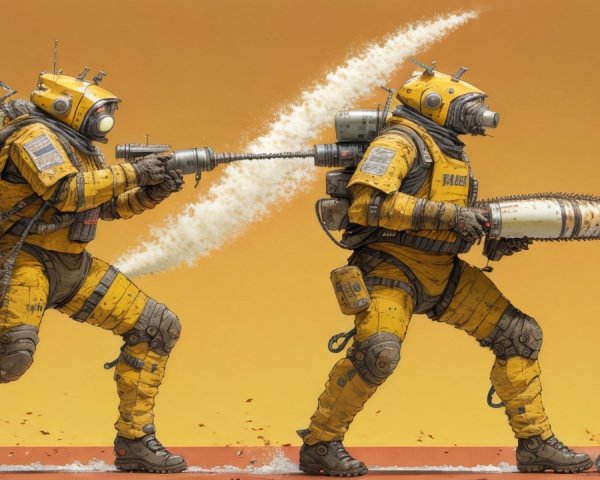 Futuristic Figures in Diving Suits Against Orange Background