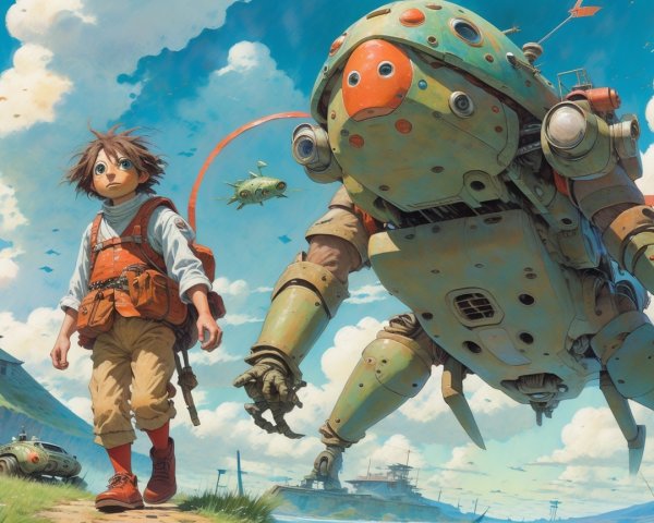 Boy Walking on Dirt Path with Insectoid Robot