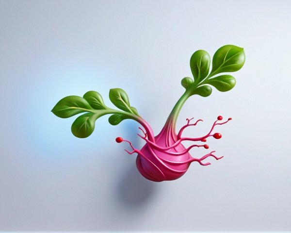 Vibrant Stylized Plant Design with Pink Bulb and Leaves