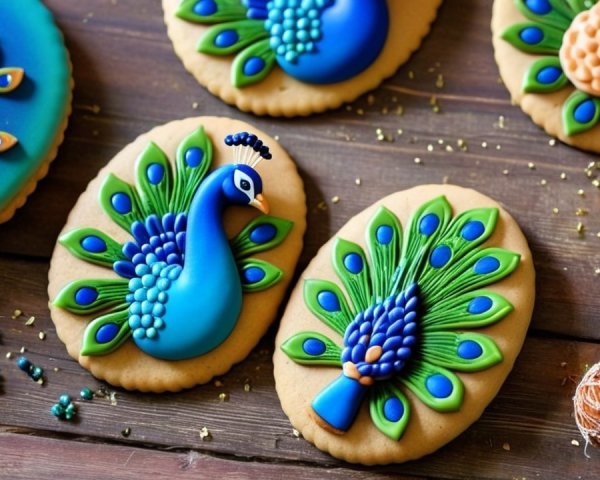 Decorative Peacock-Shaped Cookies with Vibrant Icing