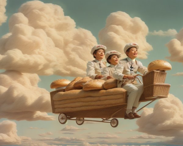 Cheerful bakers in a whimsical sky with bread cart