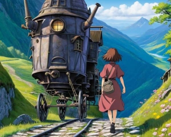 Young girl in red dress near whimsical steam vehicle