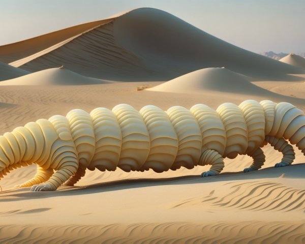 Surreal Caterpillar-Like Creature in Desert Landscape