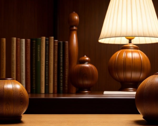 Wooden Display with Vases, Lamp, and Bookshelf Background