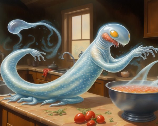 Whimsical Ghostly Creature Cooking in Cozy Kitchen