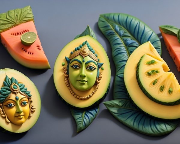 Intricately Designed Fruit Sculptures with Deity Faces