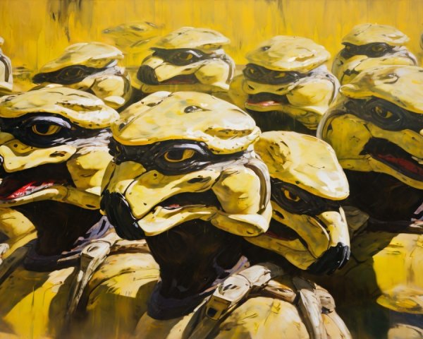 Stylized Turtle-Like Figures in Vibrant Yellow Artwork