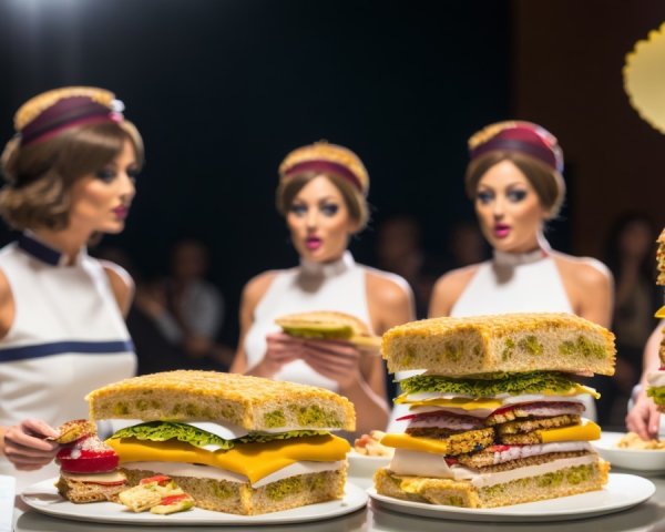 Surreal Fashion Display with Models as Sandwiches