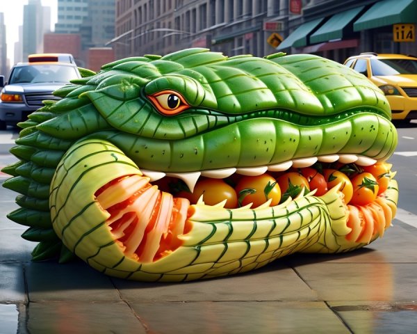 Oversized Green Creature with Fruits on City Street