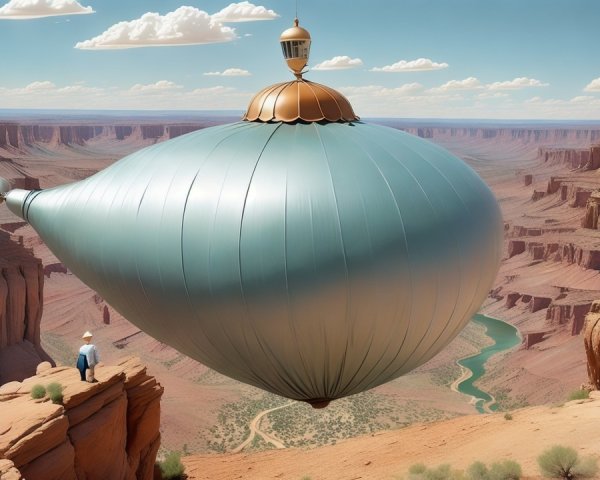 Futuristic airship above canyon landscape with figure