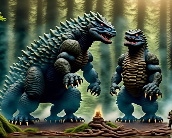 Reptilian Creatures in a Misty Forest Setting
