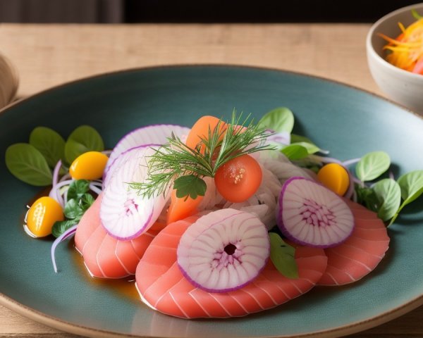 Sushi Plate with Salmon, Radish, and Carrot Salad