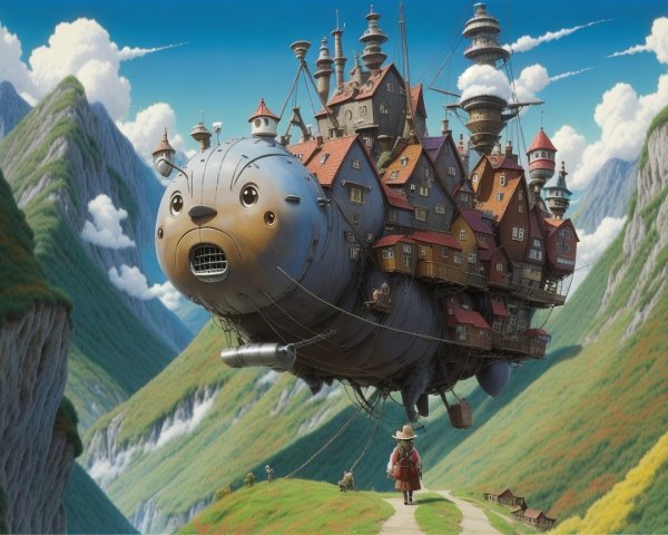 Whimsical Flying Ship Over Lush Green Hills