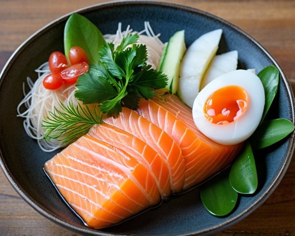 Vibrant Salmon Sashimi with Soft-Boiled Egg Dish