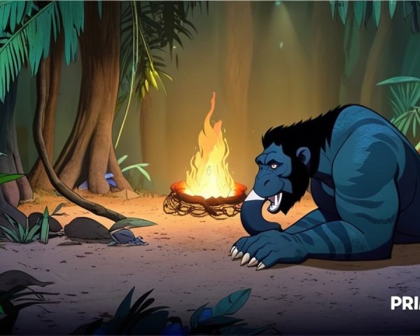 Muscular Creature in Lush Jungle by Flickering Fire