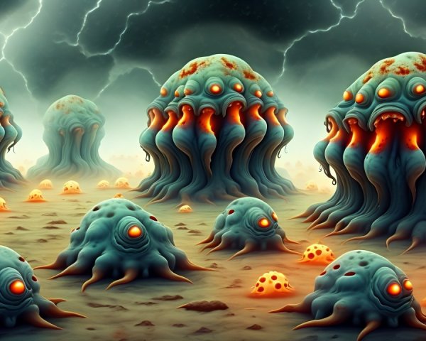 Eerie Alien Landscape with Bulbous Creatures