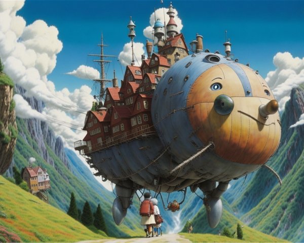 Whimsical Floating Castle Above Green Hills and Mountains