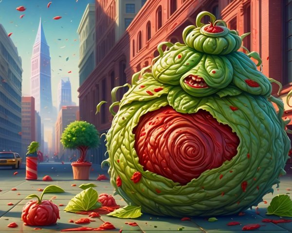 Whimsical Creature Resembles Leafy Vegetable in City