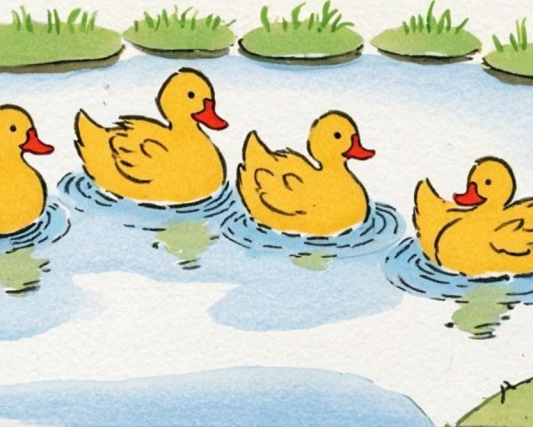 Yellow Ducklings Swimming in a Serene Pond Scene
