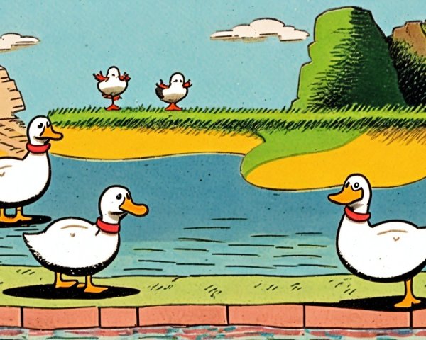 White Ducks with Orange Beaks by a Serene Pond