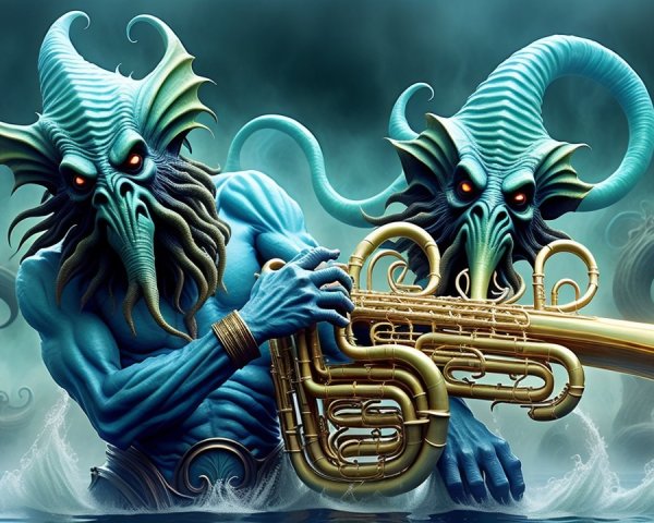Fantastical Sea Creatures Playing Tuba in Dark Waters