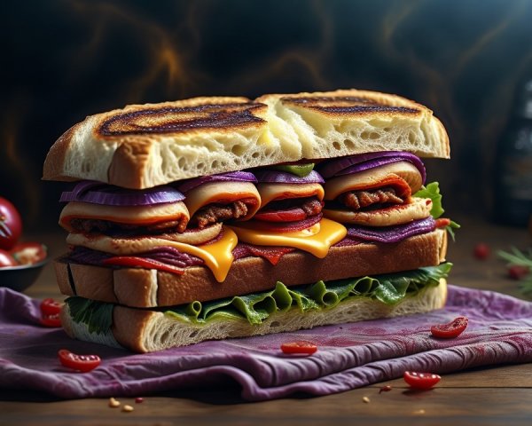A towering sandwich with fresh ingredients and cheese