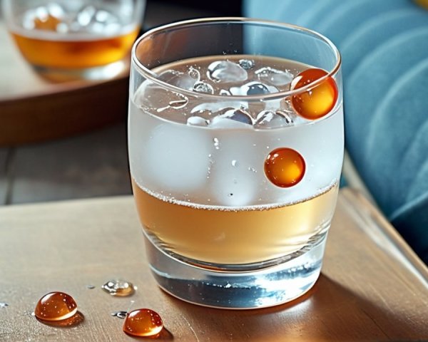 Close-up of a glass with light amber beverage and ice