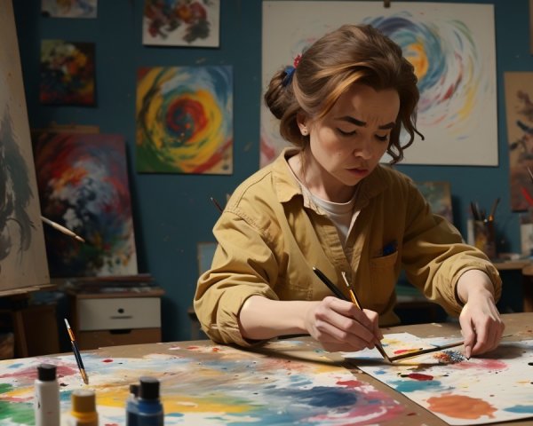 Art Studio with Abstract Paintings and Artist at Work