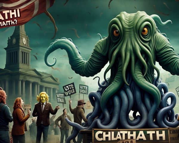 Giant Octopus Creature Overlooks Chaotic Protest Scene