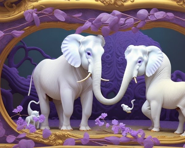 Whimsical Artwork of Two White Elephants and Flowers