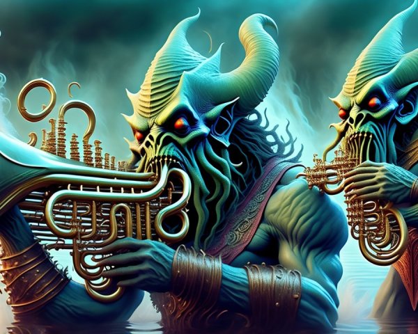 Aquatic Creatures Playing Brass Instruments in Fog