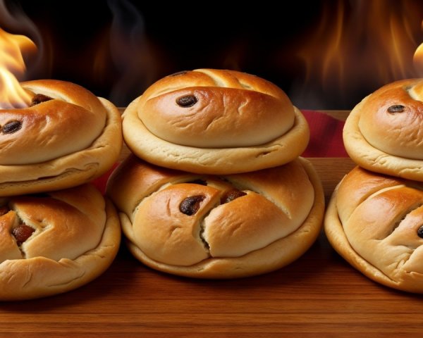 Freshly Baked Golden-Brown Rolls with Flames