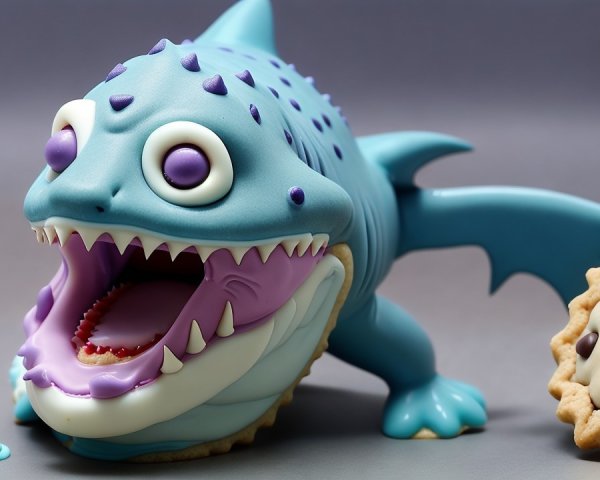 Cartoonish shark-like creature with dessert elements