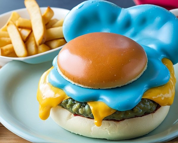 Whimsical burger with blue bun and golden fries