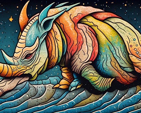 Colorful Stylized Rhinoceros on Waves Under Stars