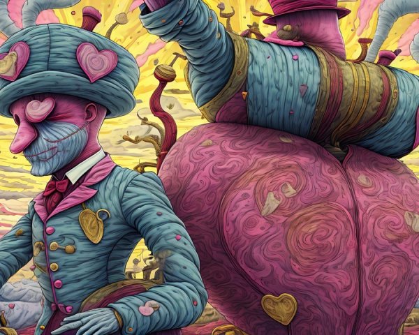 Surreal Scene with Anthropomorphic Figures and Vibrant Colors