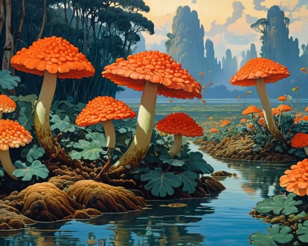 Otherworldly landscape with giant coral-colored mushrooms