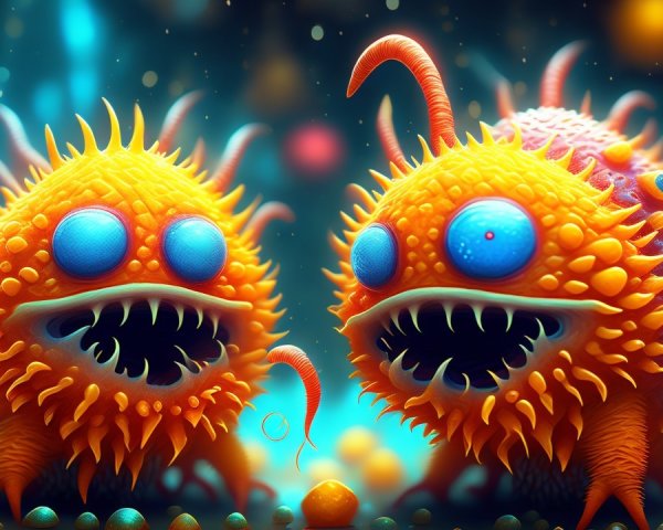 Cartoonish monsters with spiky orange bodies and blue eyes