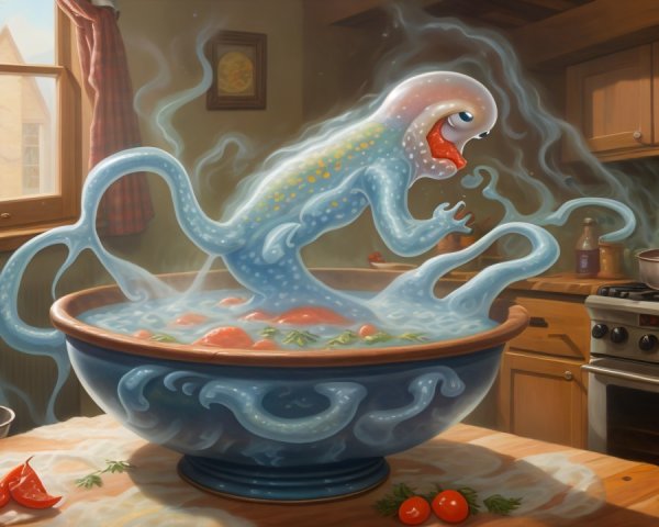 Whimsical Blue Creature in Cozy Kitchen Soup Scene