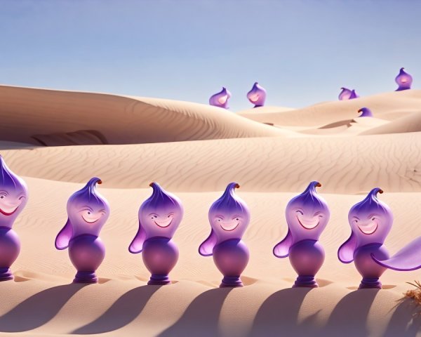 Whimsical Purple Figures in a Sandy Desert Scene