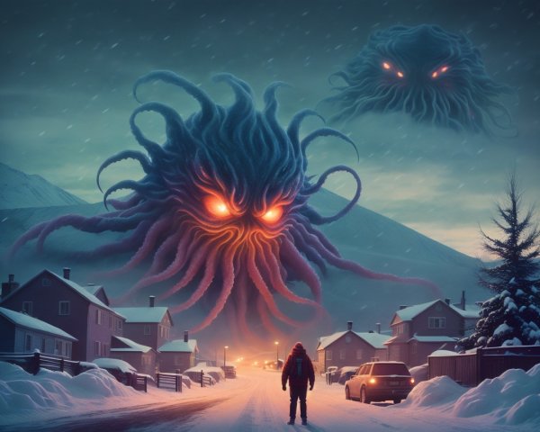 Snowy Town with Ominous Creature Overhead