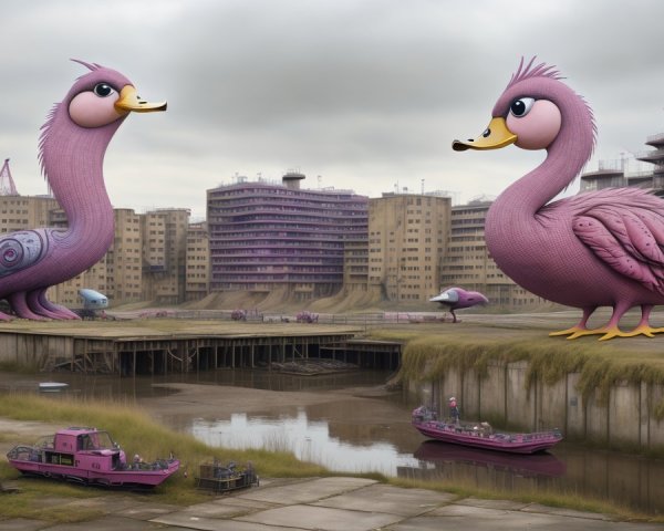 Surreal Landscape with Cartoonish Pink Birds and City