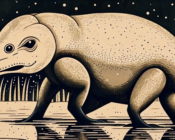 Stylized Prehistoric Creature in Serene Landscape