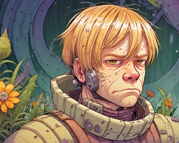 Young astronaut in vibrant alien landscape with flora